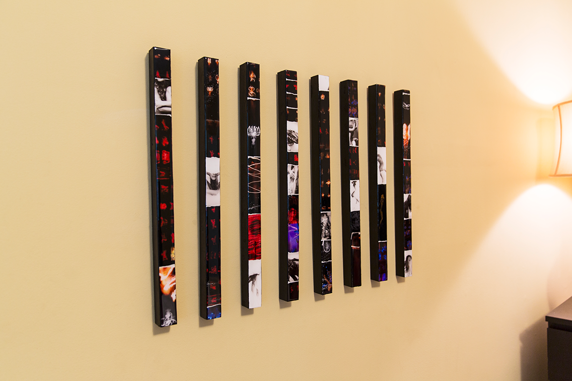 Collection of vertical photo panels mounted in parallel on beige wall.