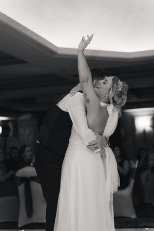 A sequence of dance floor photos showing people in white dresses celebrating at a wedding reception.