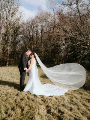 A flowing white wedding veil catches the wind in a dramatic pose against a winter forest backdrop.