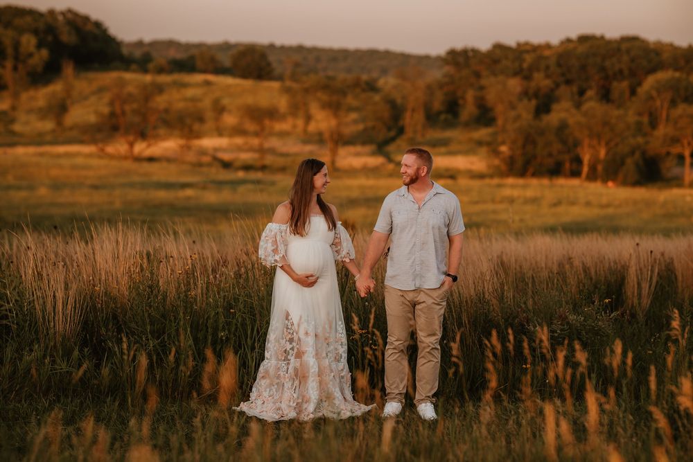Series of romantic sunset photos showing a couple walking through a golden field at dusk.