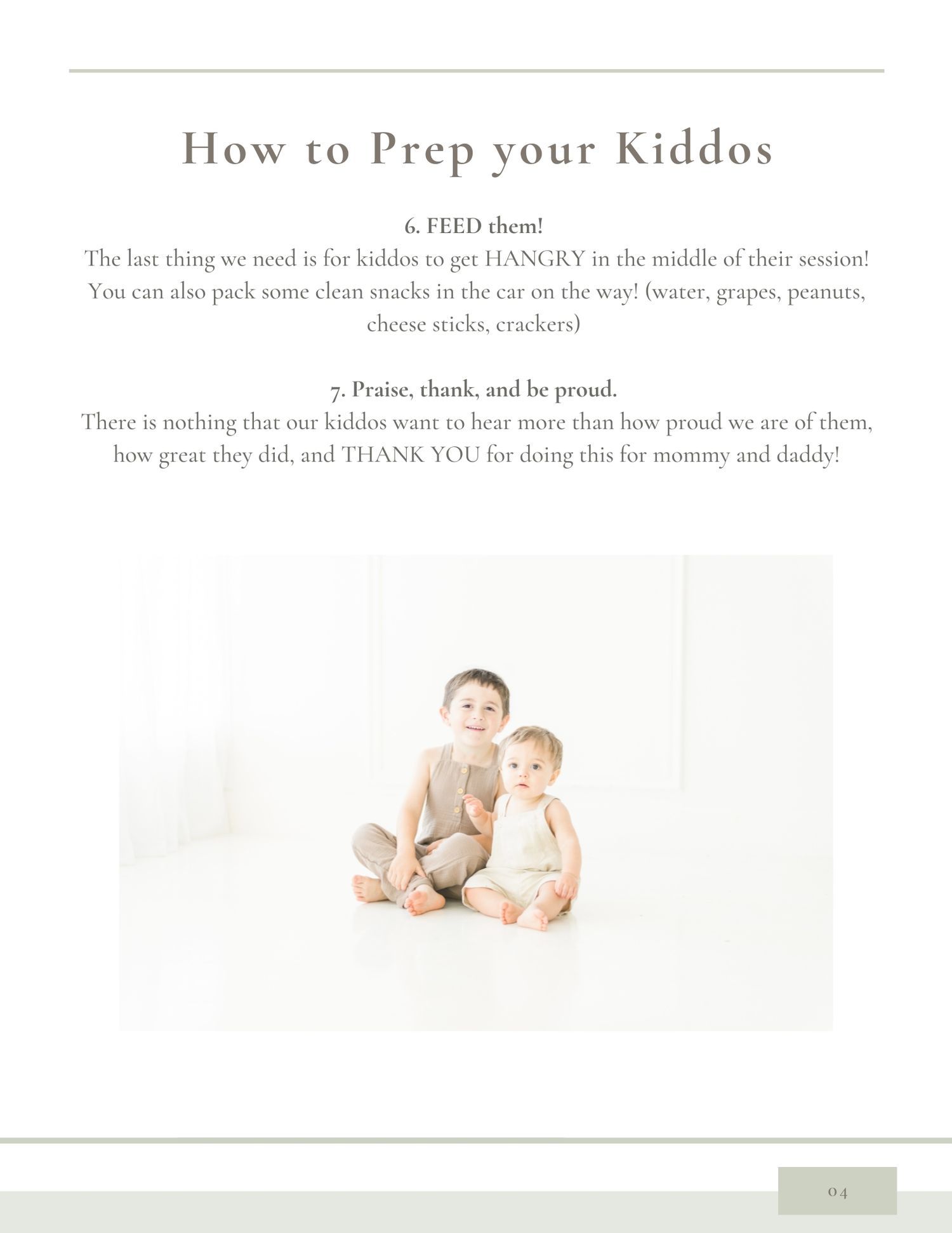 Two young siblings sit together on white floor, tips for prepping kids for a photography session.
