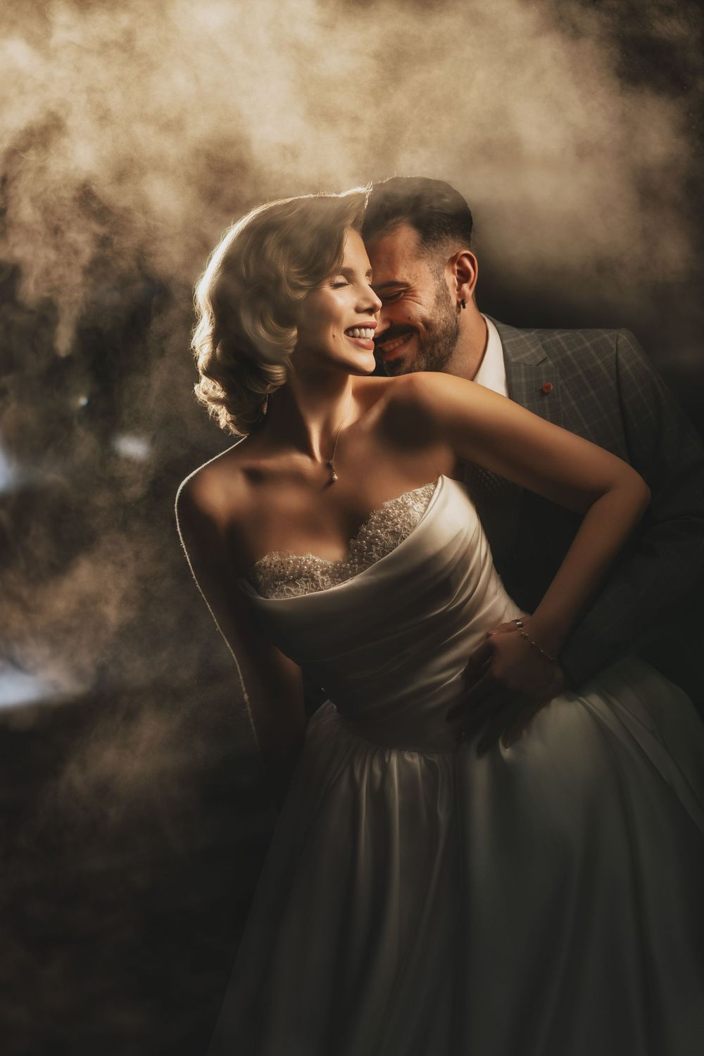 Romantic couple embraces in atmospheric lighting with smoky backdrop creating a dreamy wedding portrait series.