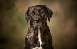 Portrait of a distinguished brindle dog with white chest against a moody brown background.