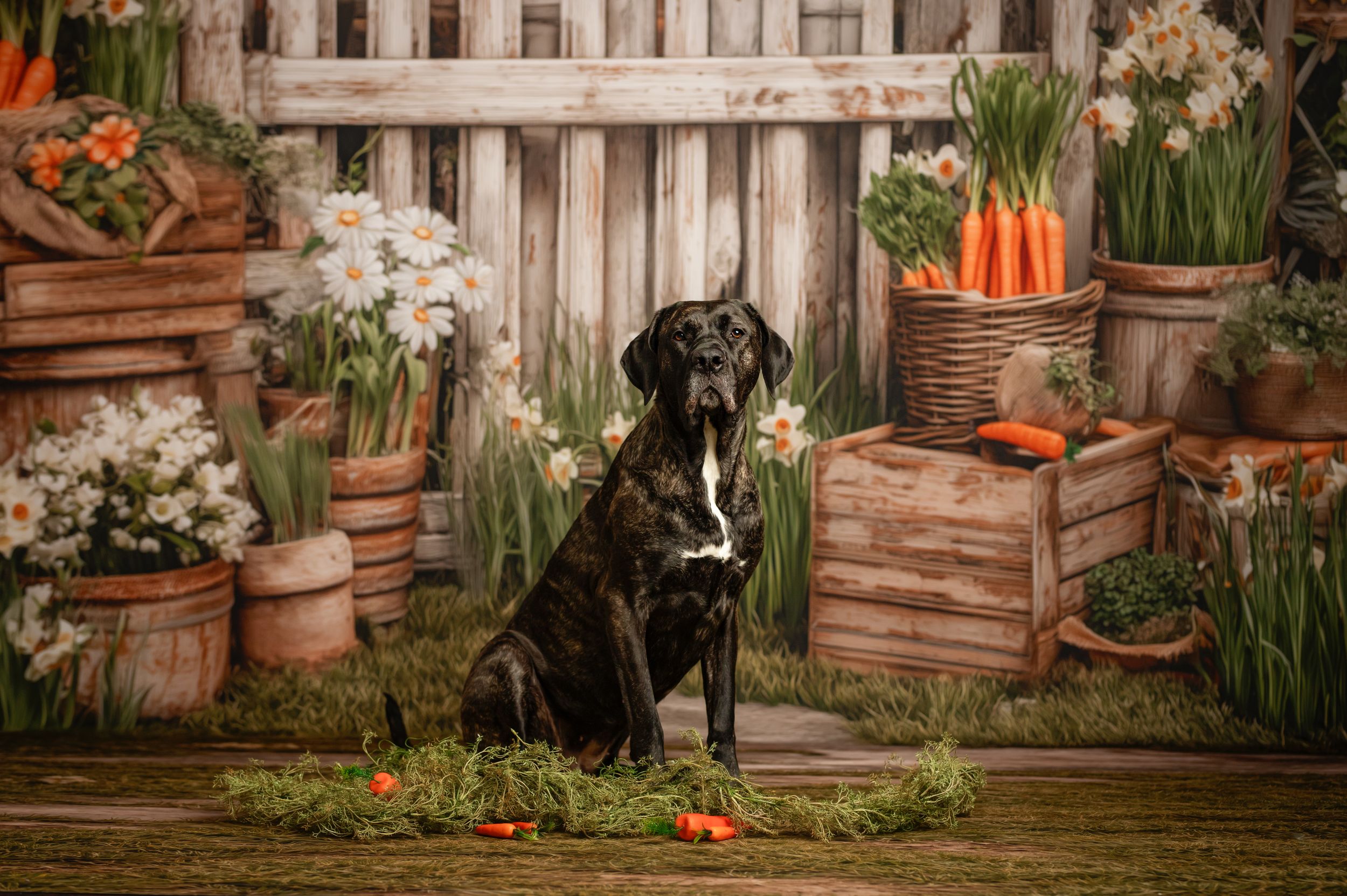 Black Labrador dog sitting among spring flowers, carrots, and wooden crates in a charming Easter-themed garden setting.