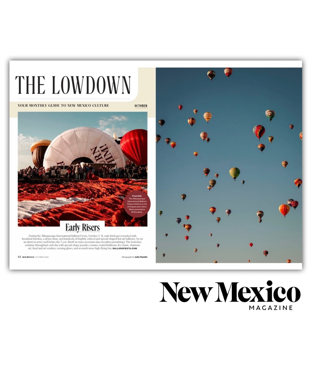 New Mexico Magazine Lowdown feature showing colorful hot air balloons filling the sky at the Albuquerque International Balloon Fiesta.