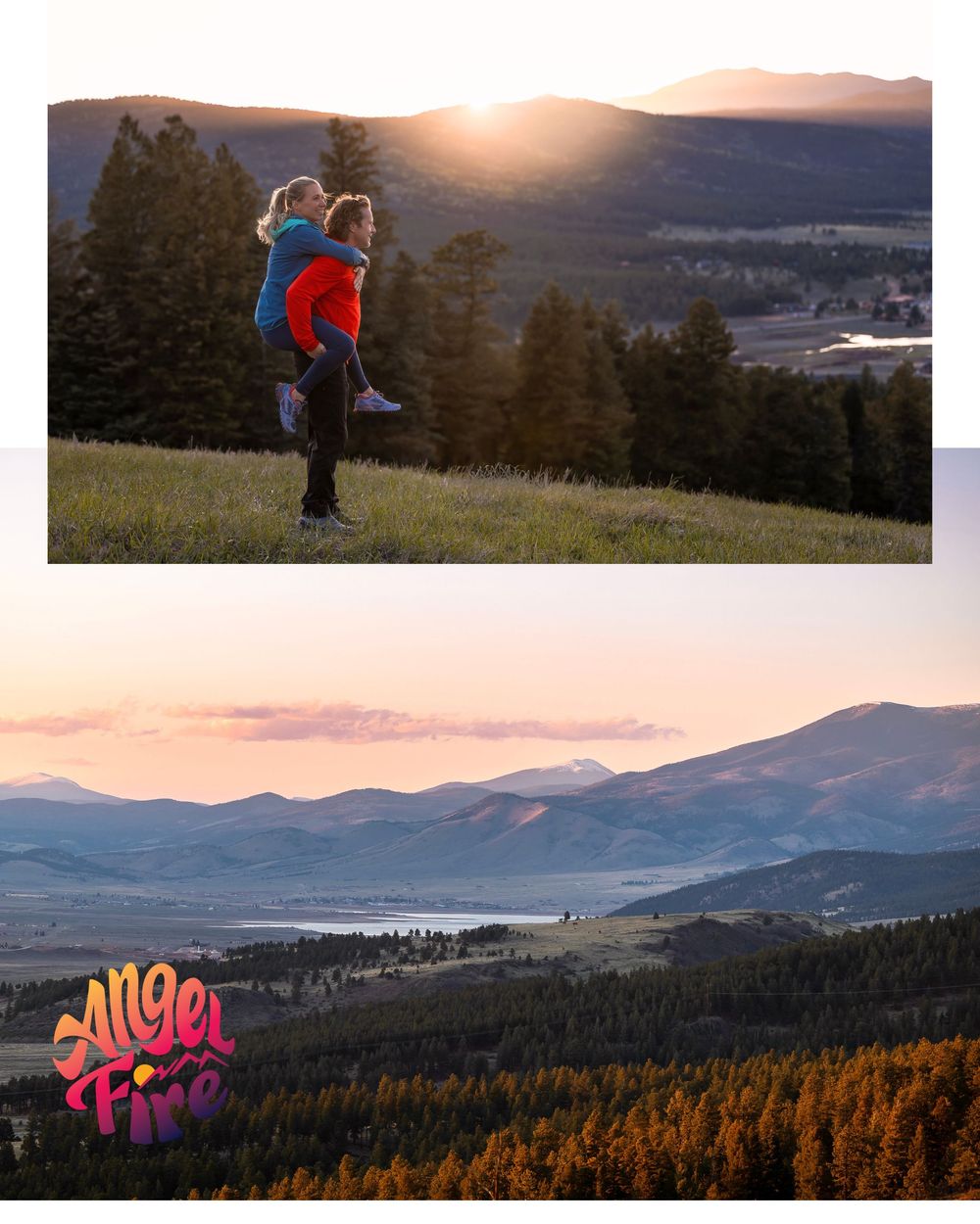 Couple sharing a piggyback ride at sunset in Angel Fire, NM, with mountain valley views and golden light.