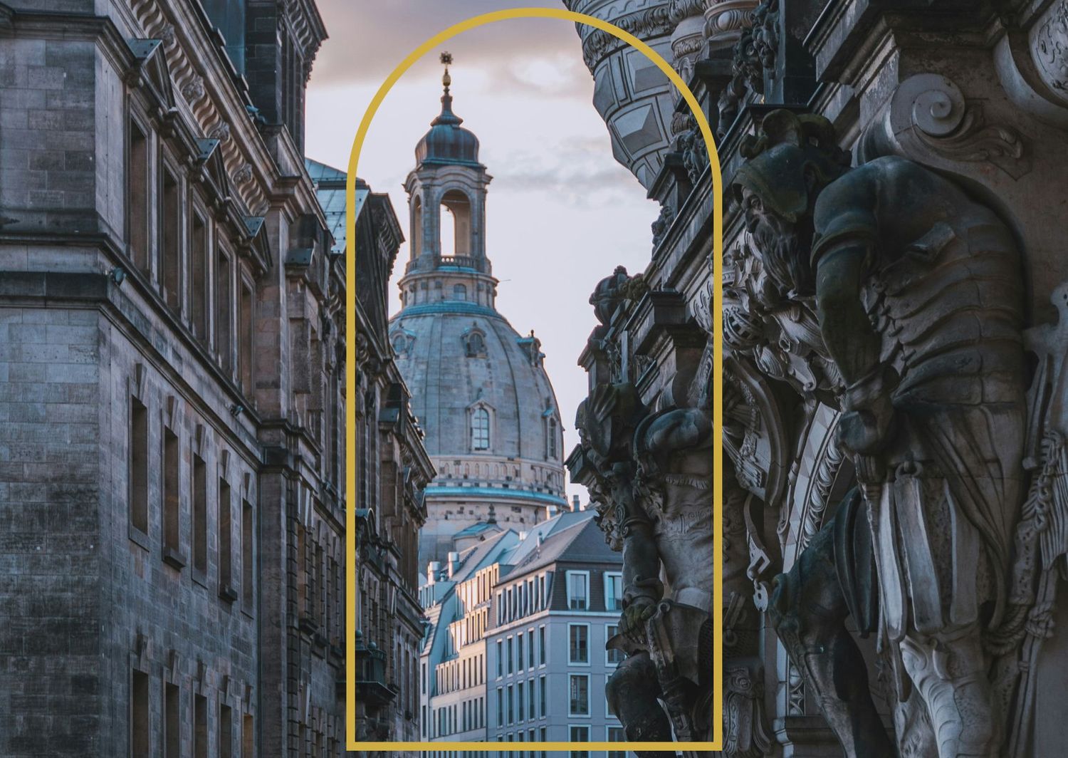 Historic Dresden cityscape framed through architectural elements with golden arch overlay.