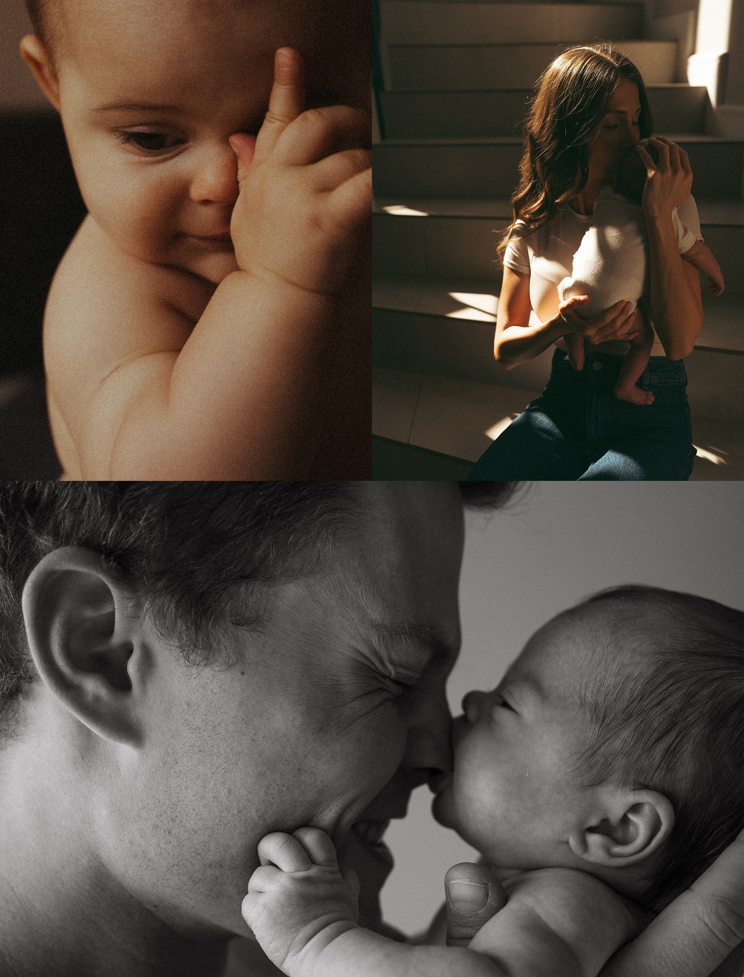 A series of intimate black and white close-up photos showing tender moments between parent and child.
