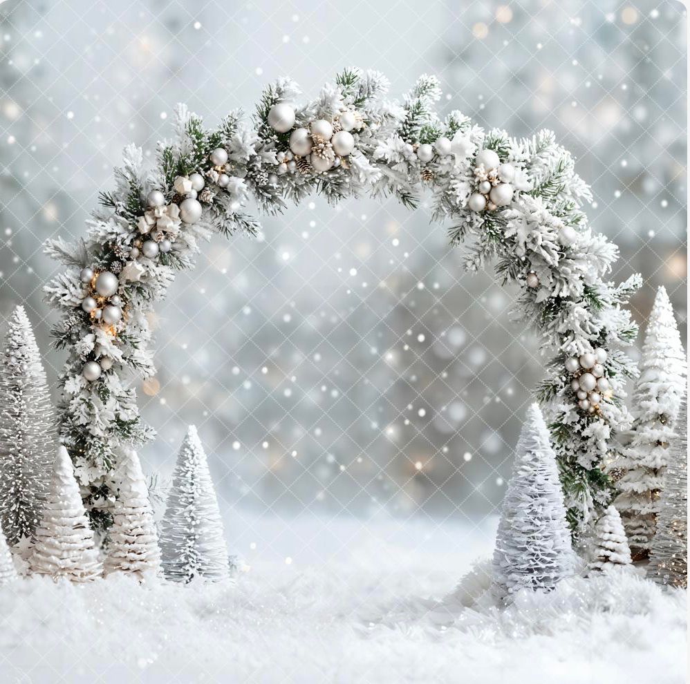Snow-covered miniature white Christmas trees create a magical winter wonderland scene with sparkling bokeh effects.