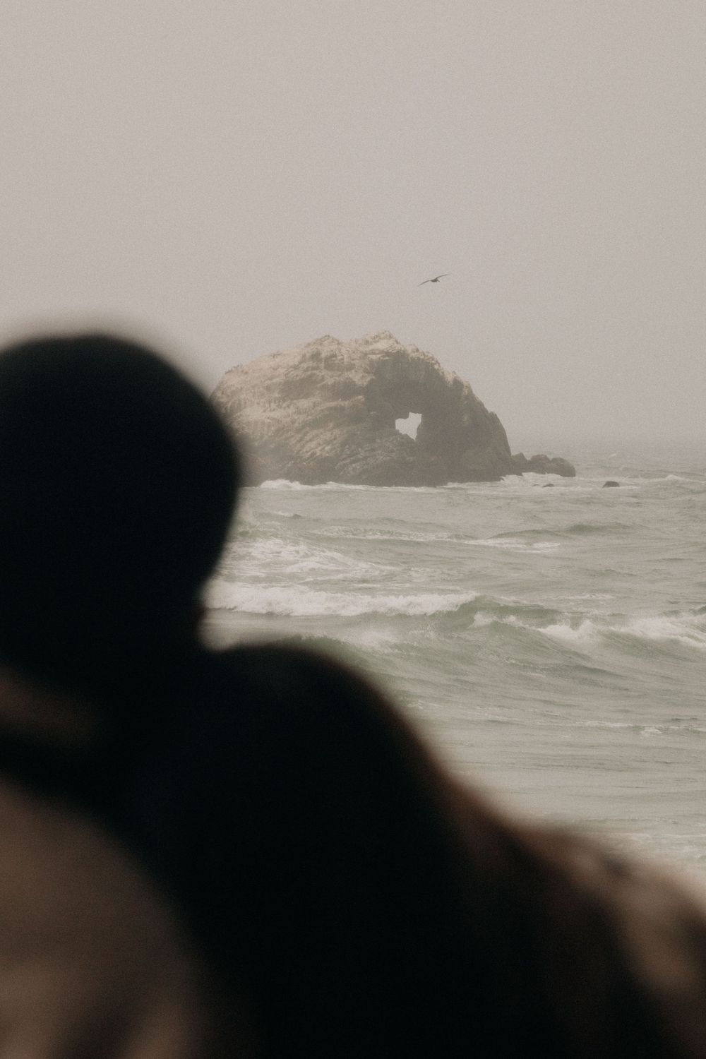 Misty seascape with silhouetted foreground figures looking out at rocky outcrop in rough ocean waters.