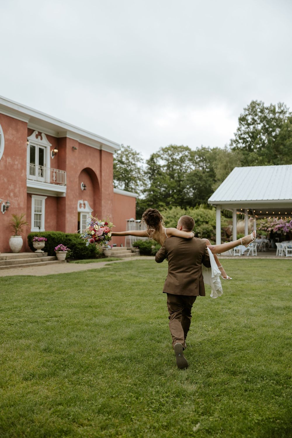 A sequence of photos shows a person running joyfully across a grassy lawn in front of a brick church building.