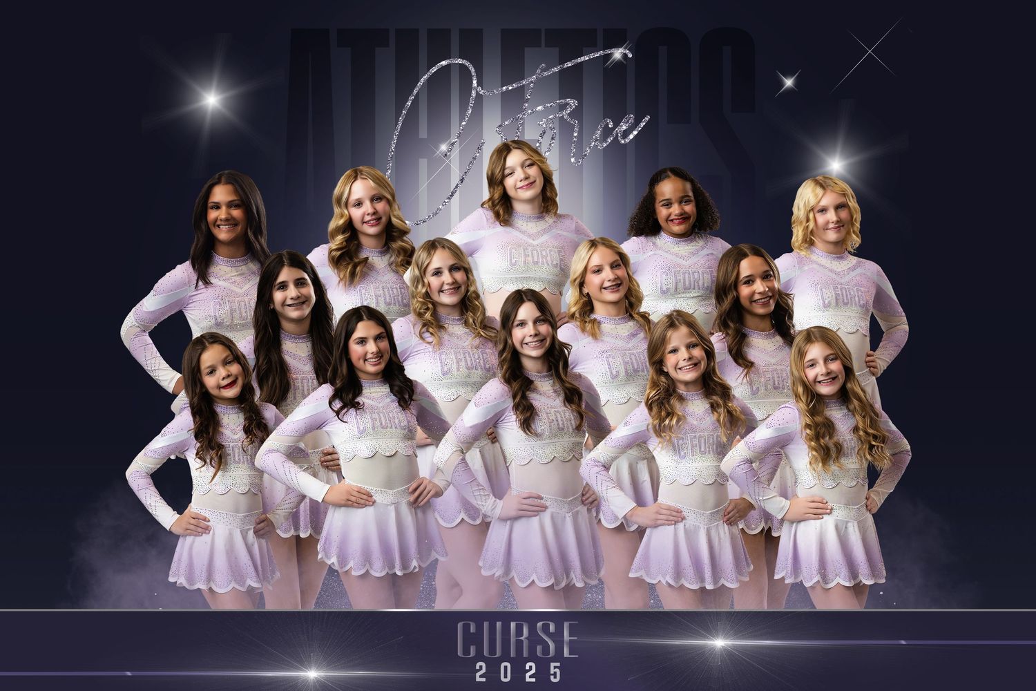 A group of dancers in white dresses pose together in a series of artistic dance studio portraits.
