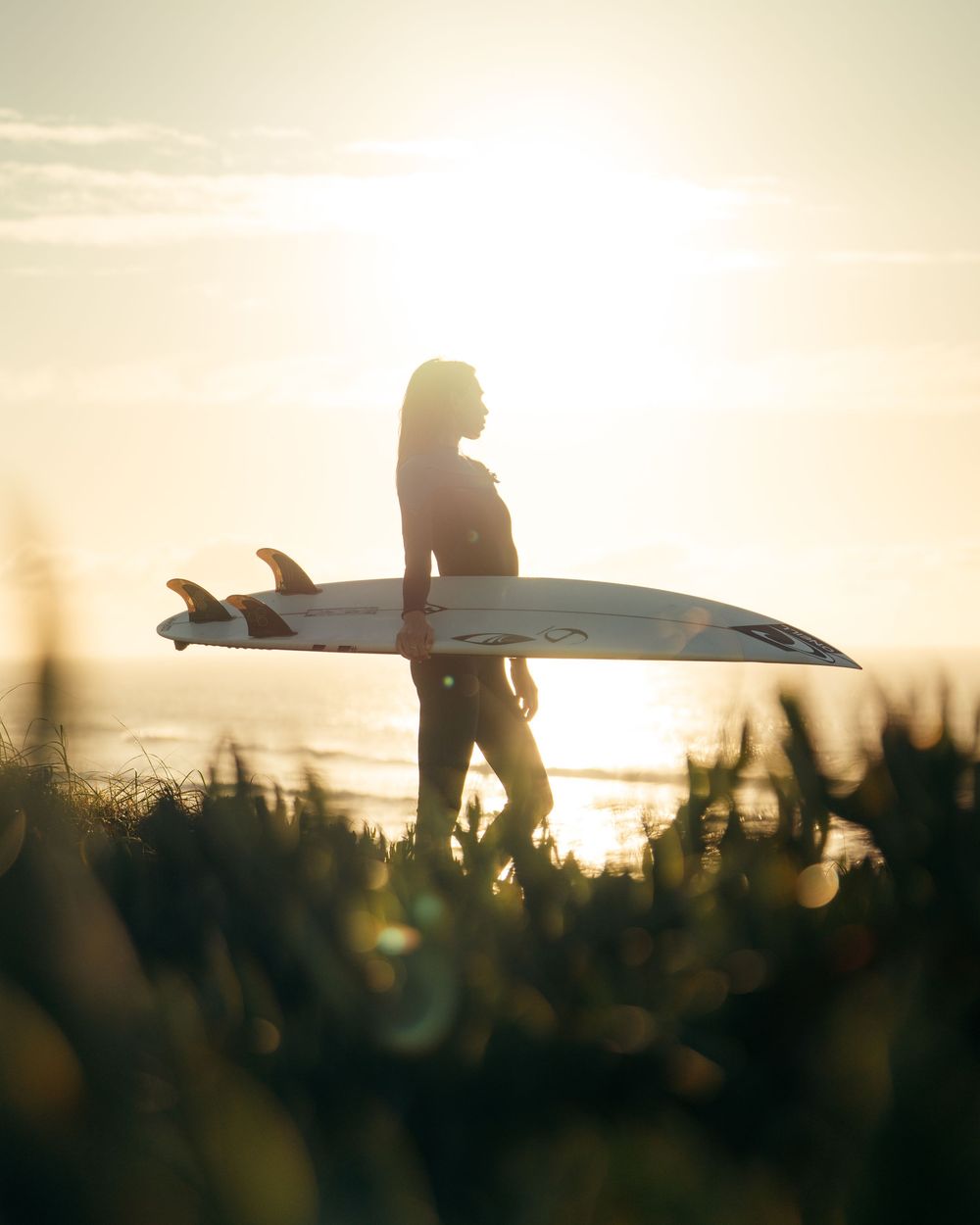 Silhouetted surfer carrying board at sunset through tall grass.