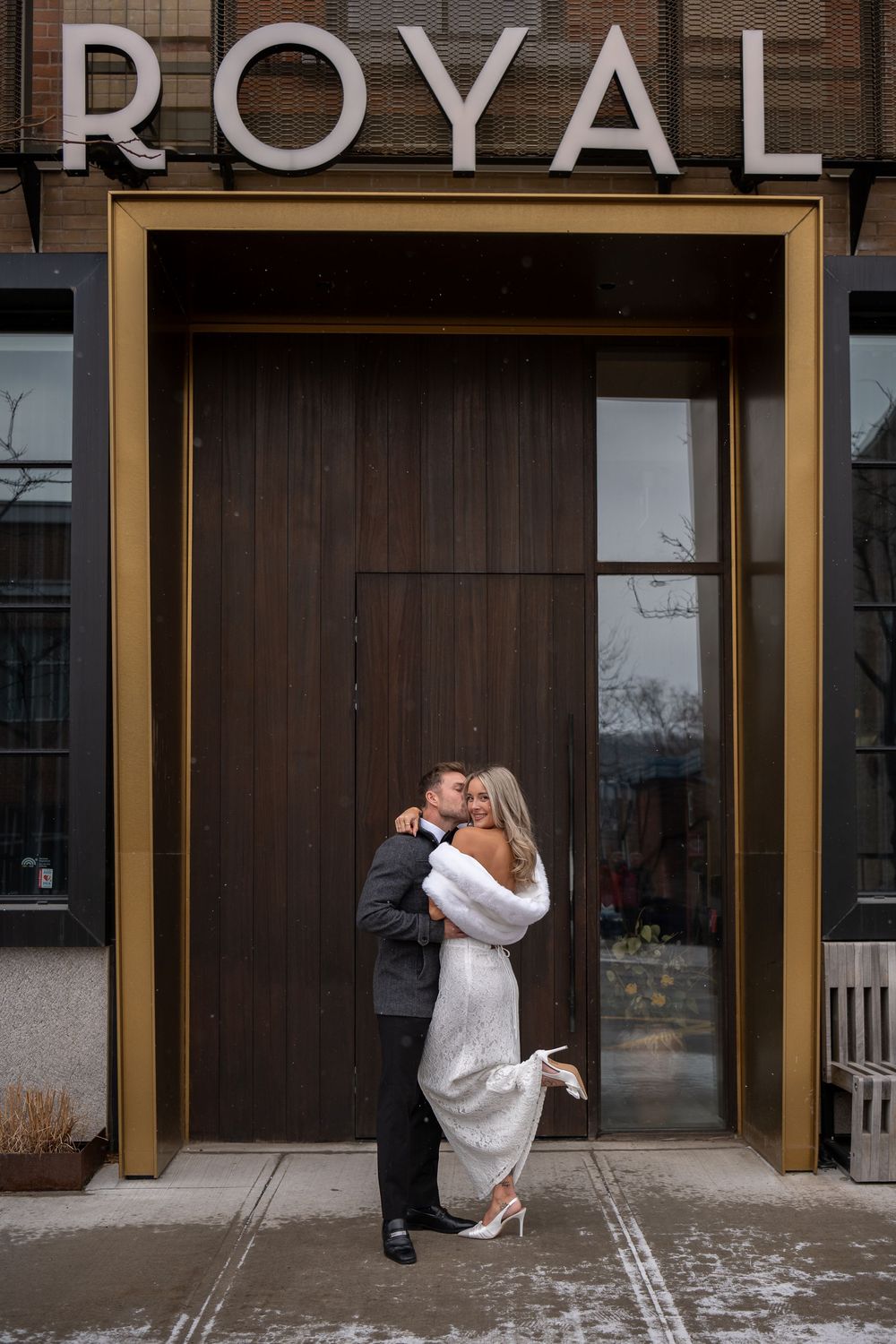 A romantic wedding photo sequence shows a couple embracing outside a building with 'ROYAL' signage.