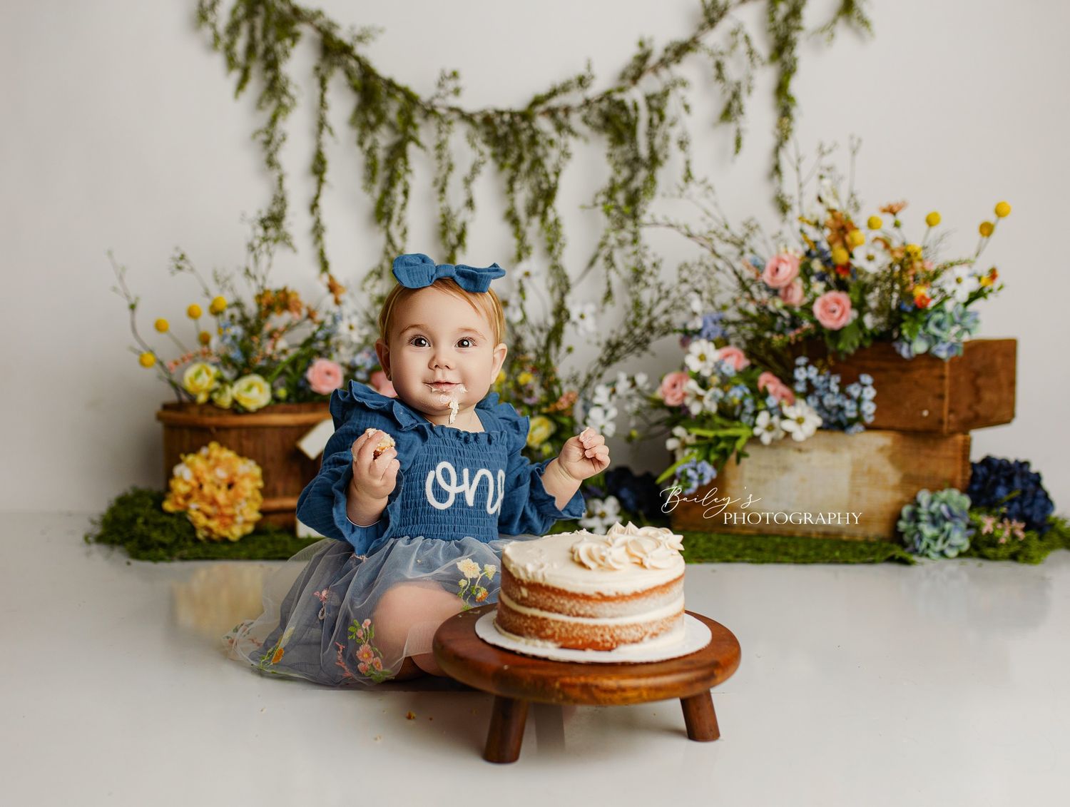Creative first birthday cake smash photos in Scioto County Ohio with themed backdrops and styled details