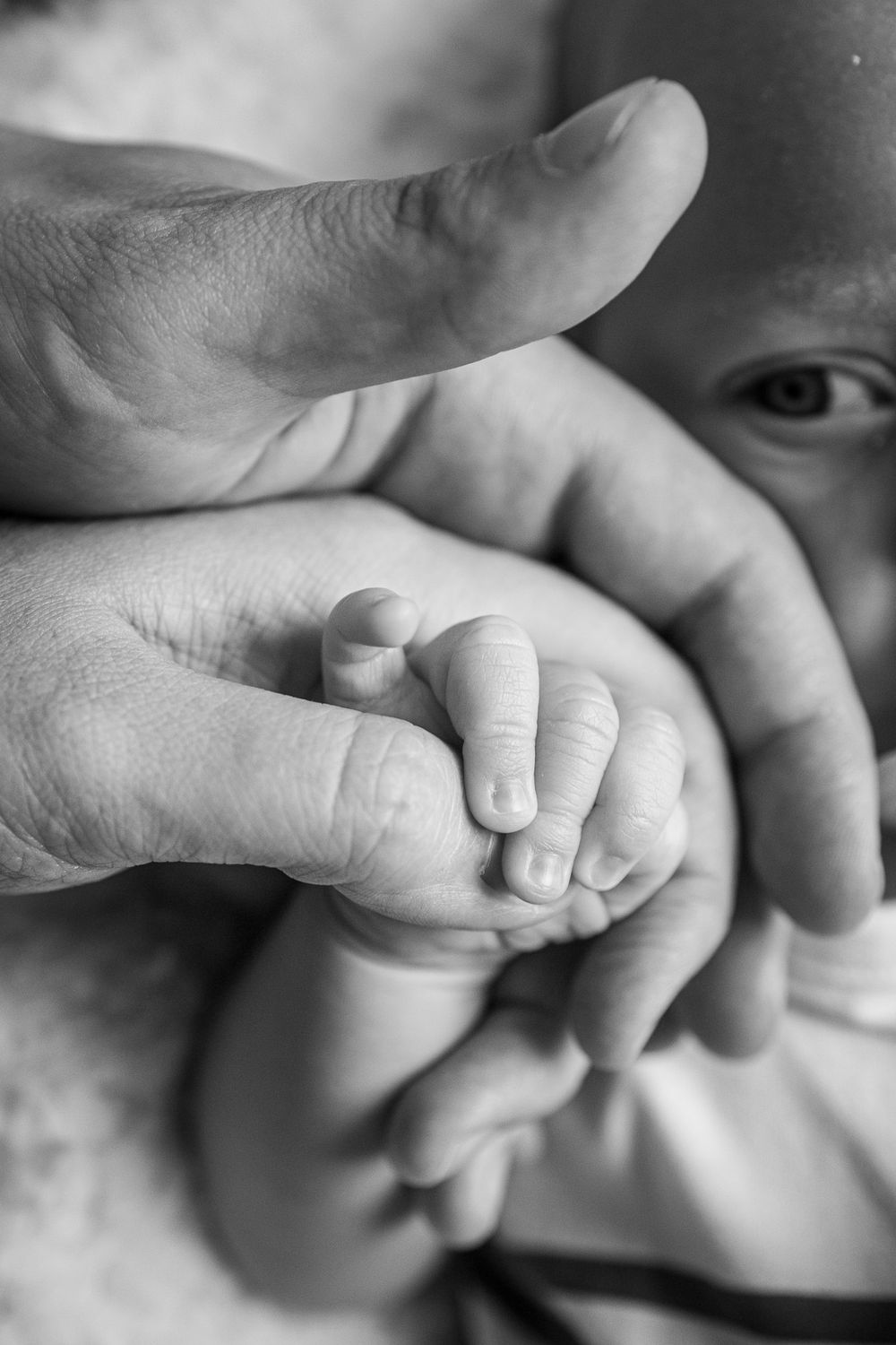 Detailed black and white close-up shots of tiny newborn fingers and toes.