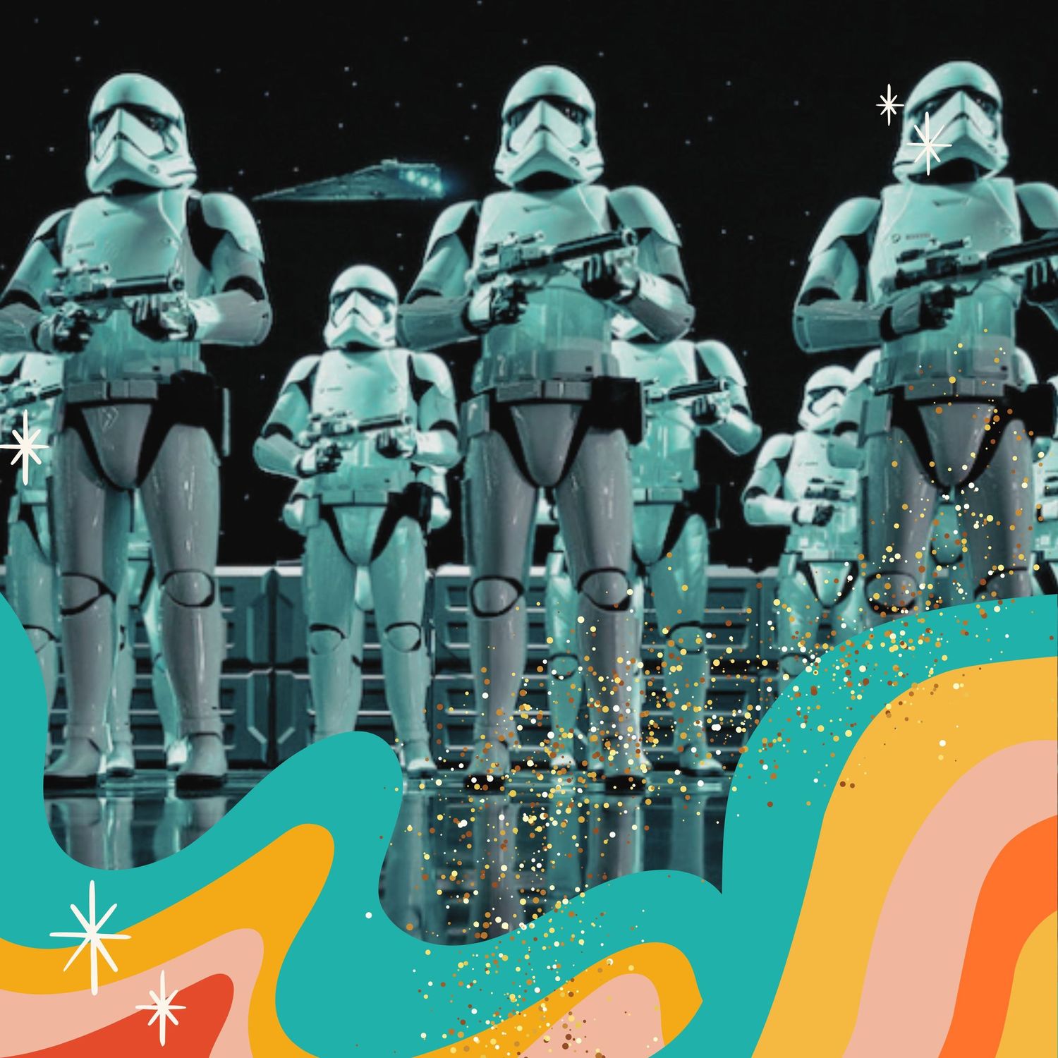 Star Wars Stormtroopers stand in formation against a retro-styled psychedelic background with teal and orange waves.