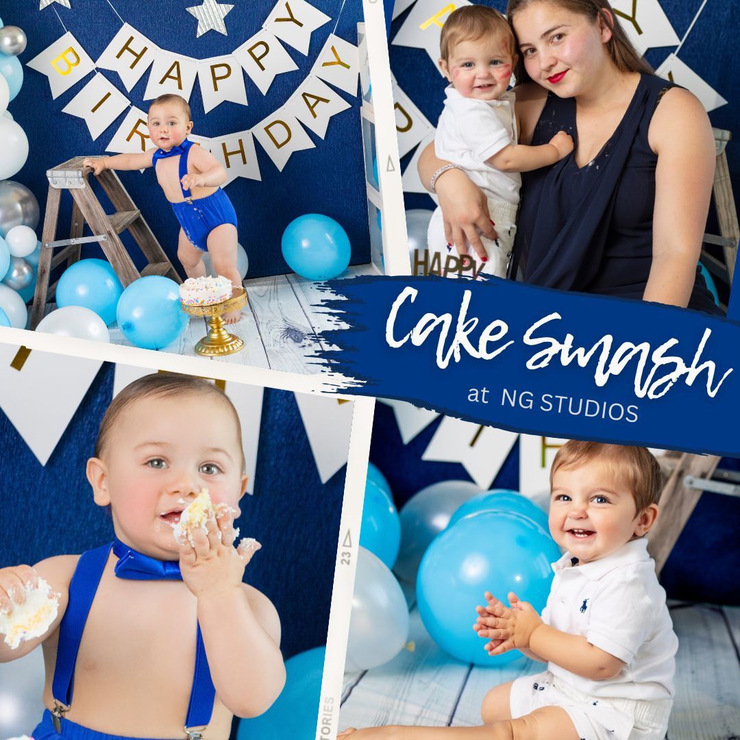 Collection of cake smash photos showing baby enjoying first birthday celebration with blue theme.