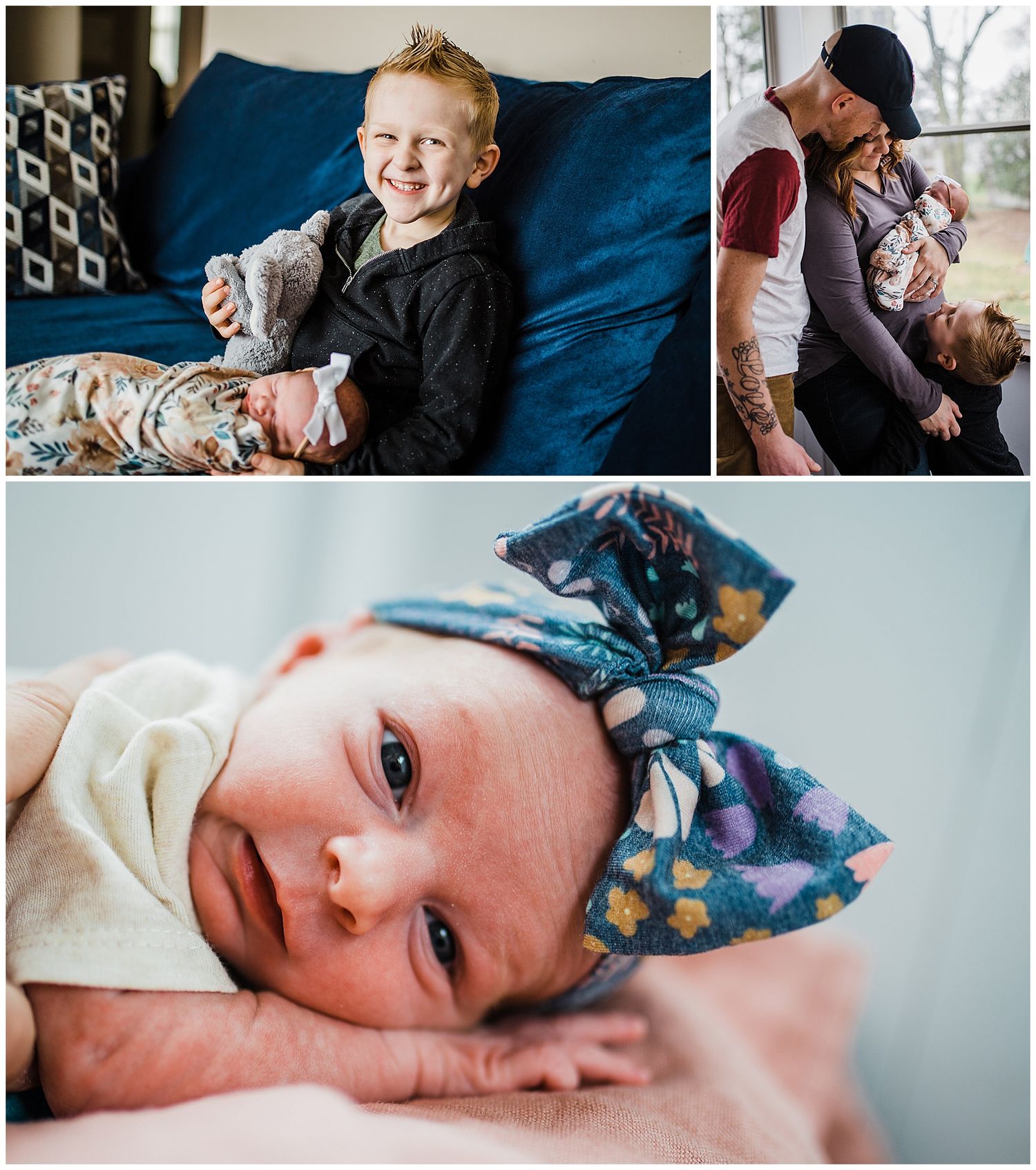 Collection of photos showing siblings and family members bonding with a new baby.