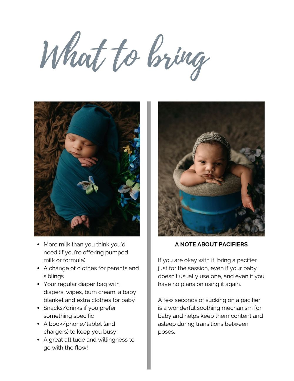 Photography guide showing what to bring for newborn sessions with sample photos.