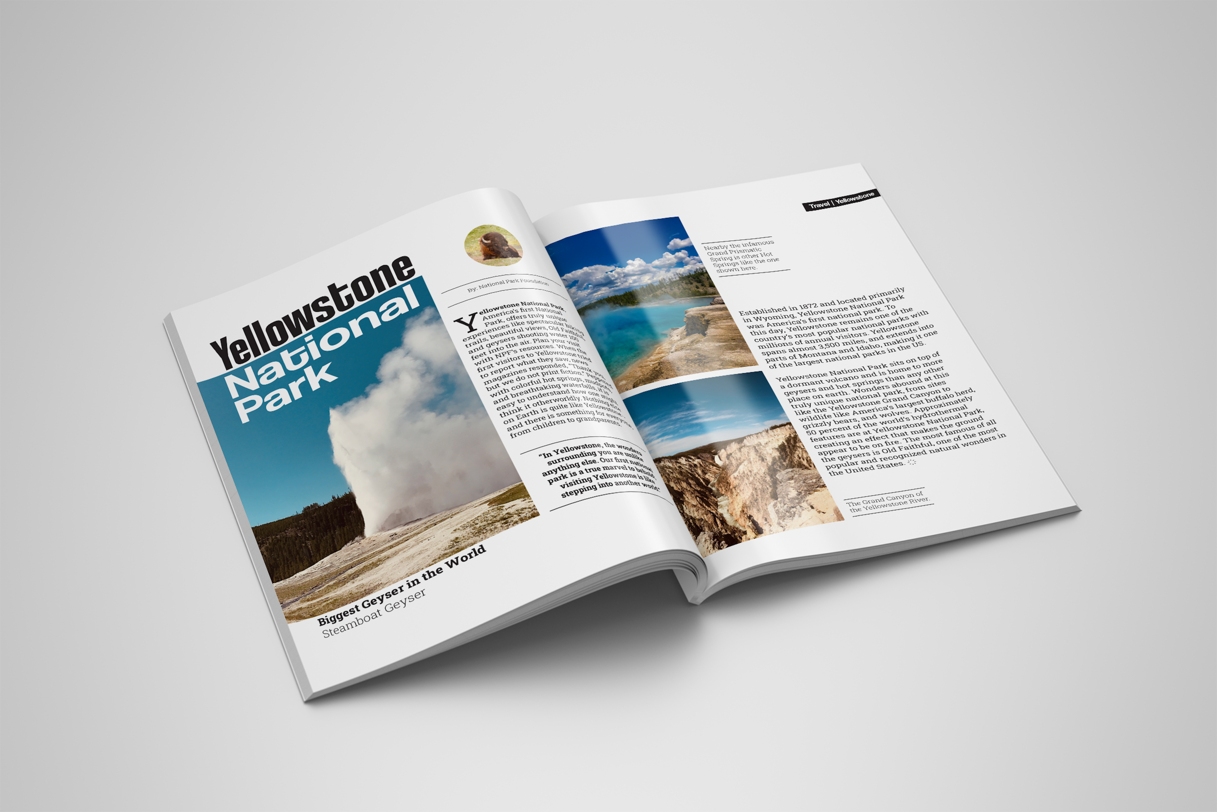 Magazine spread showcasing Yellowstone geothermal features with text and photo layout.