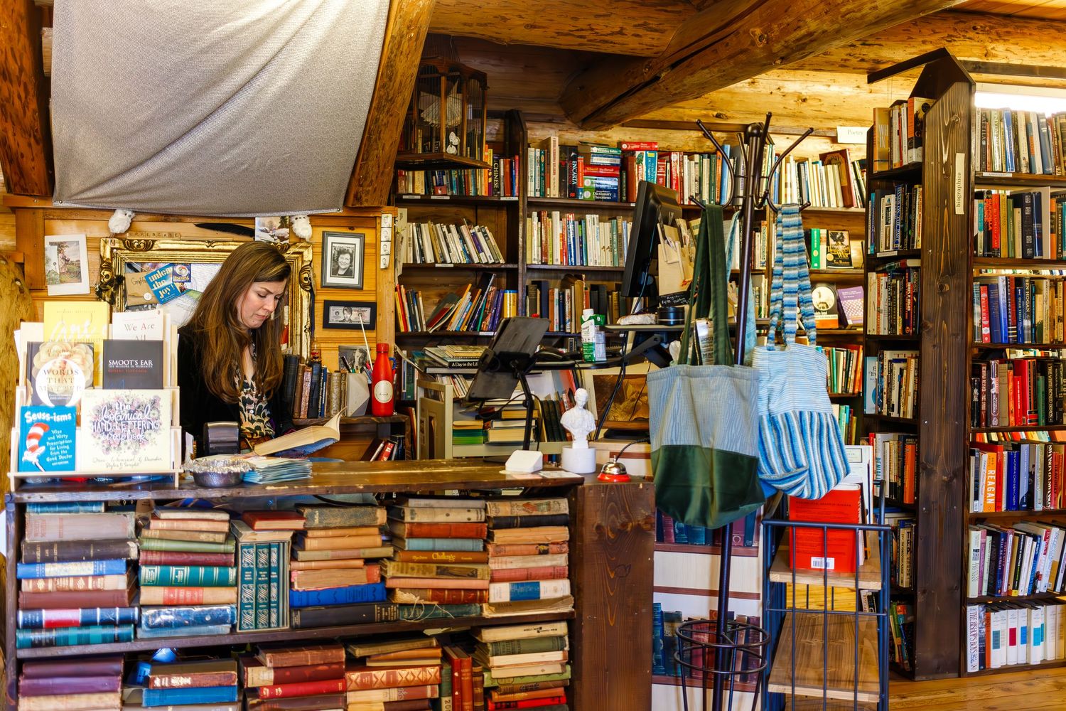Interior of cozy bookstore showing packed wooden shelves and rustic log cabin walls.