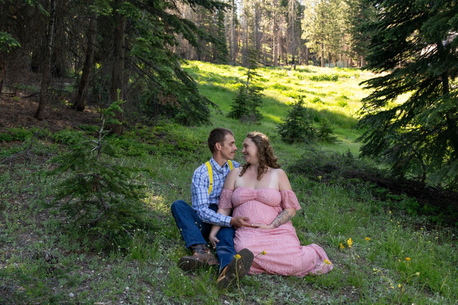 Romantic couple sitting in a sunlit forest meadow with pine trees in the background.