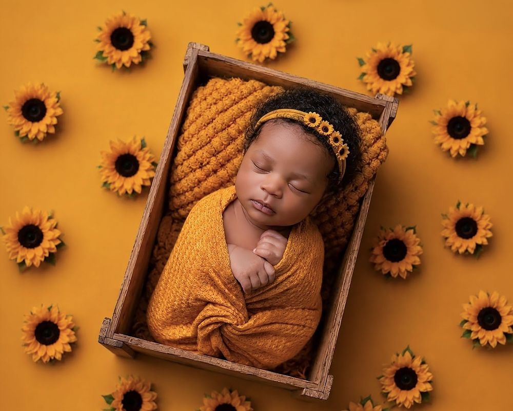 Newborn baby wrapped in mustard yellow swaddle sleeping in wooden crate surrounded by sunflowers on orange background.