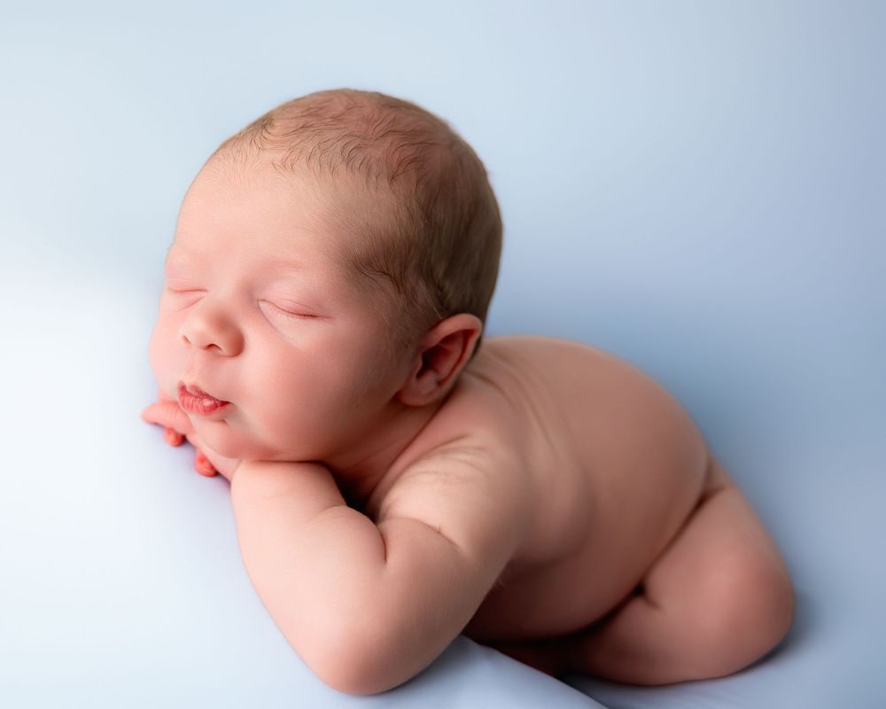 Peaceful newborn baby sleeping curled up on a soft blue background in a classic posed newborn photography style.