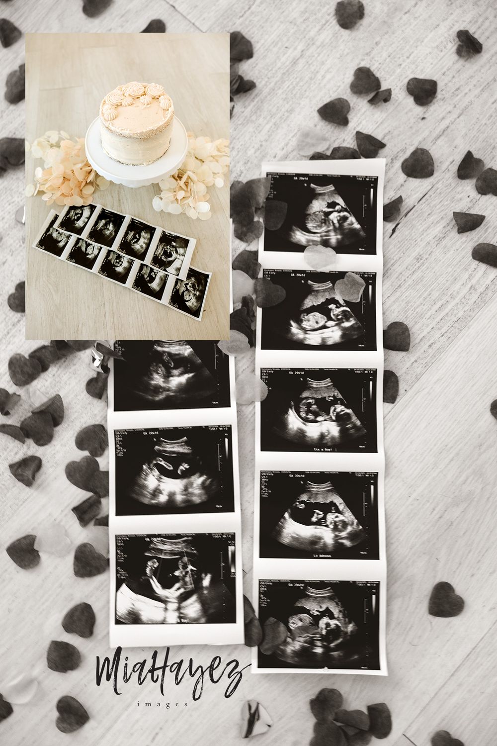 Pregnancy announcement with ultrasound photos arranged with black heart confetti on white background.