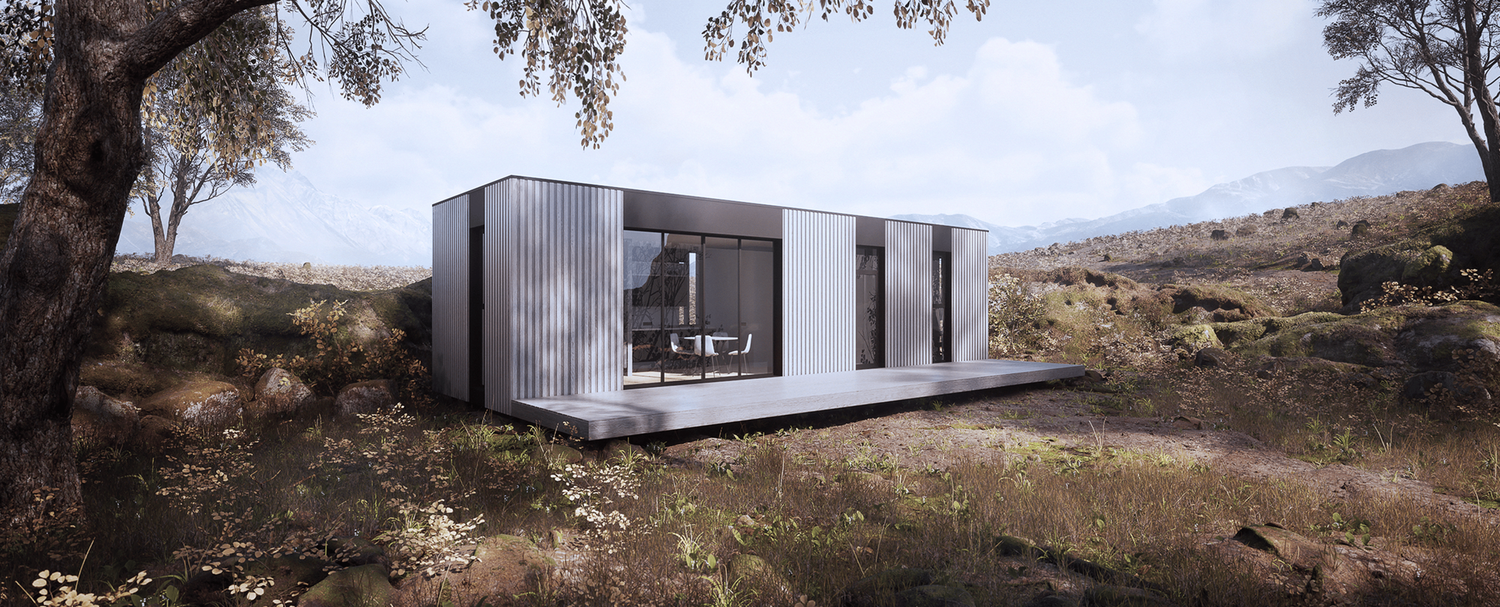 Minimalist white modular home with vertical panels and large windows set in an arid landscape.