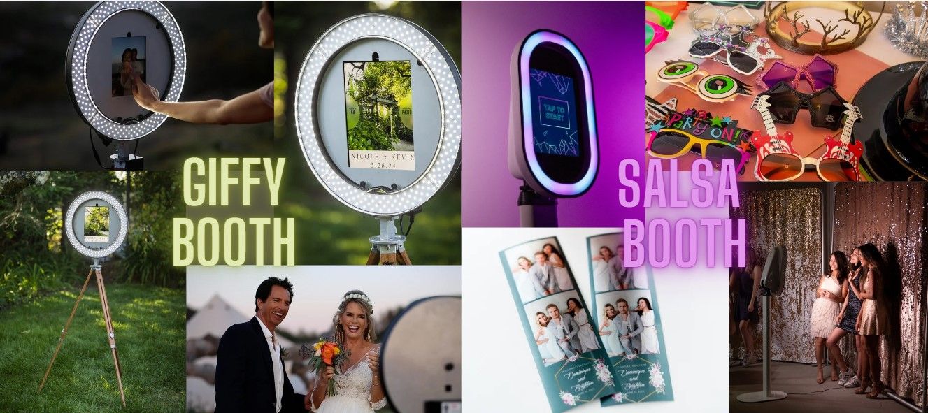 Collage showing various photo booth setups and events with neon lighting effects.