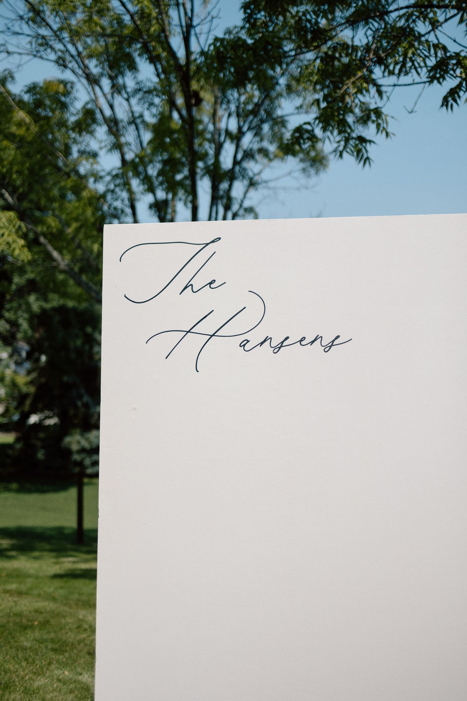 Wedding sign reading 'The Heaven' in elegant script against green background.