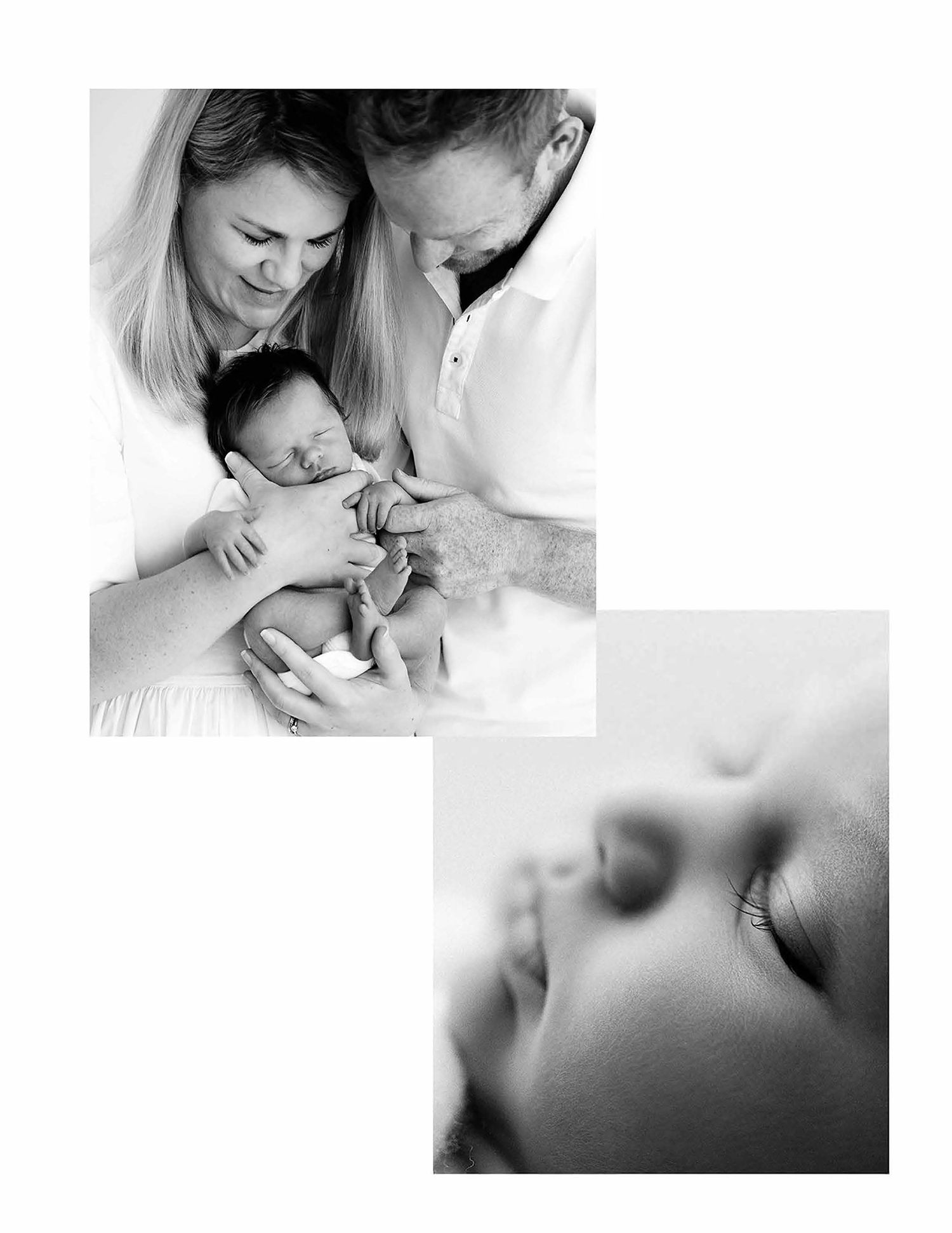 Black and white portrait of parents with a sleeping newborn baby alongside a close-up of the infant's peaceful face.