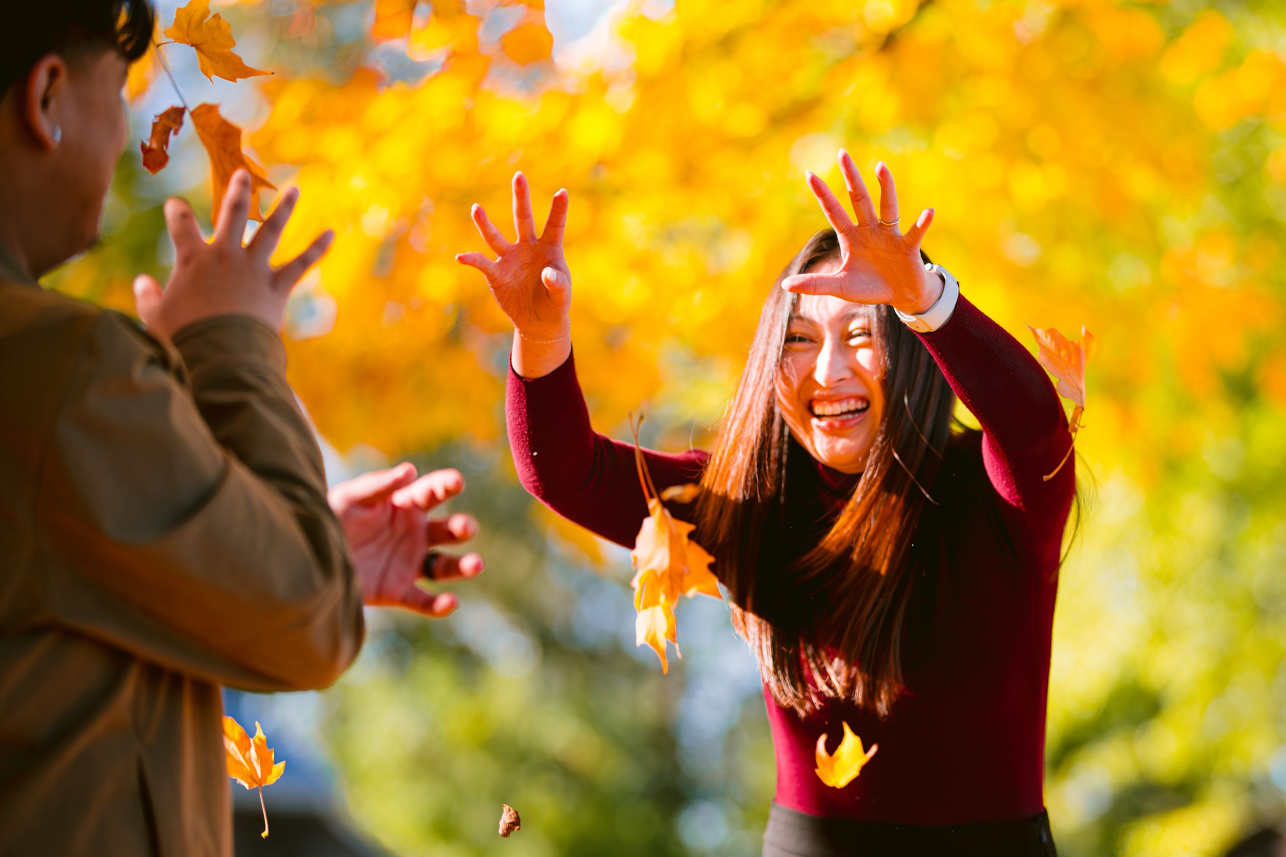 A playful autumn moment captured with falling yellow leaves and vibrant foliage.