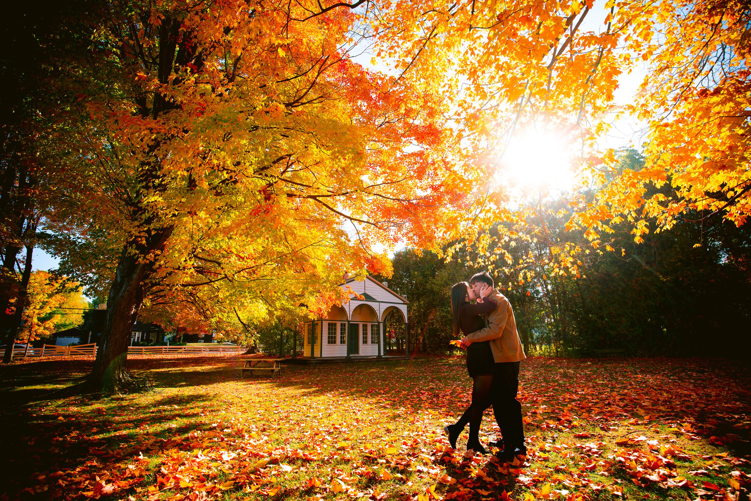 A couple walking near a gazebo surrounded by fall foliage with sun rays streaming through golden leaves.