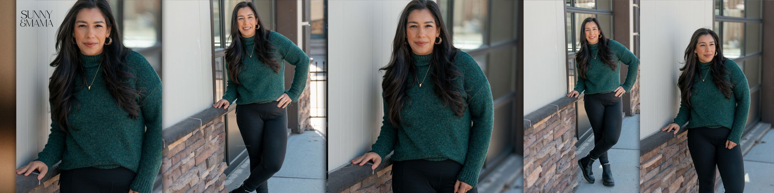 Person in emerald green sweater poses indoors with hardwood floors and natural lighting in multiple shots.