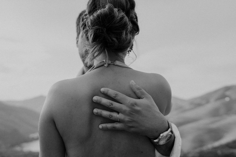 Emotional portrait of a couple during a destination engagement session in Portugal’s Douro Valley