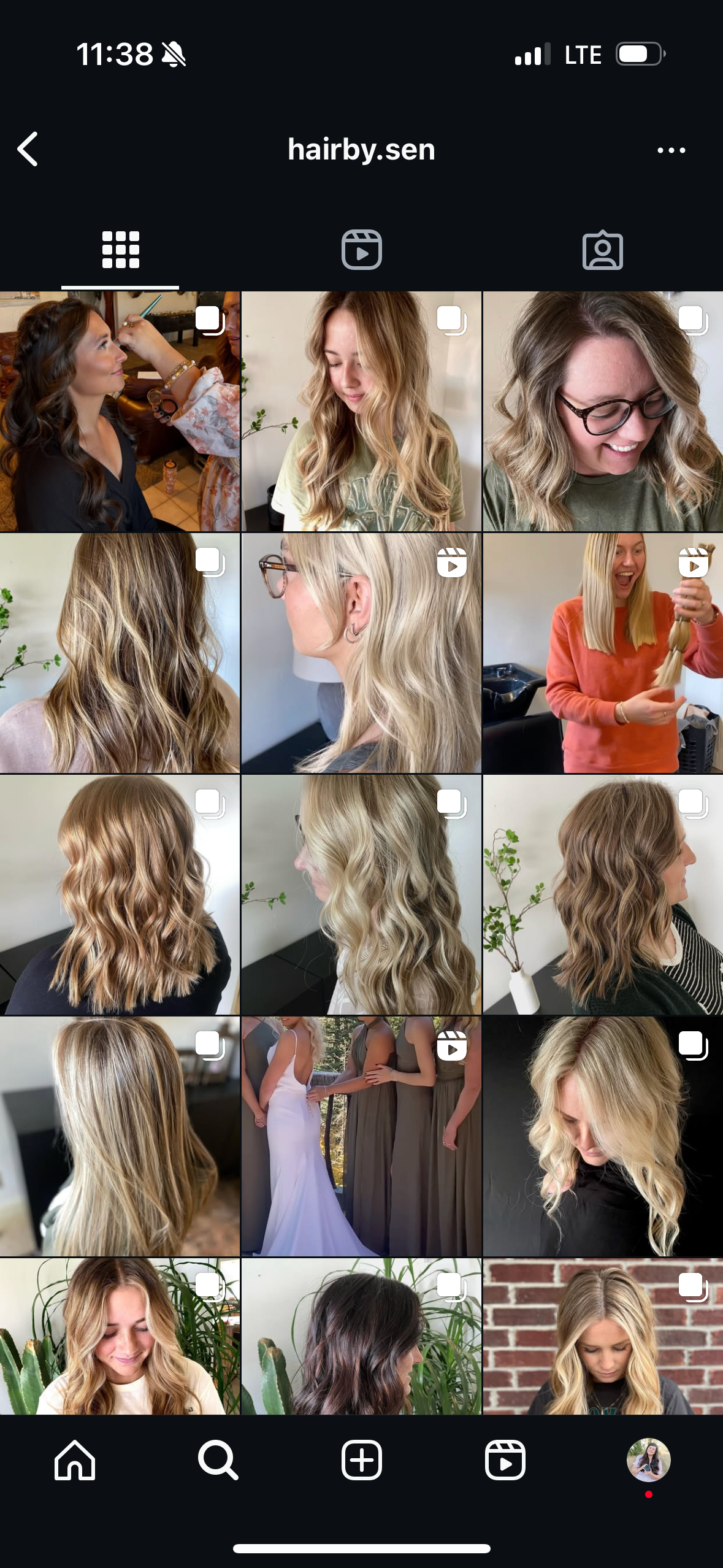 Instagram grid showing various professional hair styling transformations with blonde and brown wavy looks.