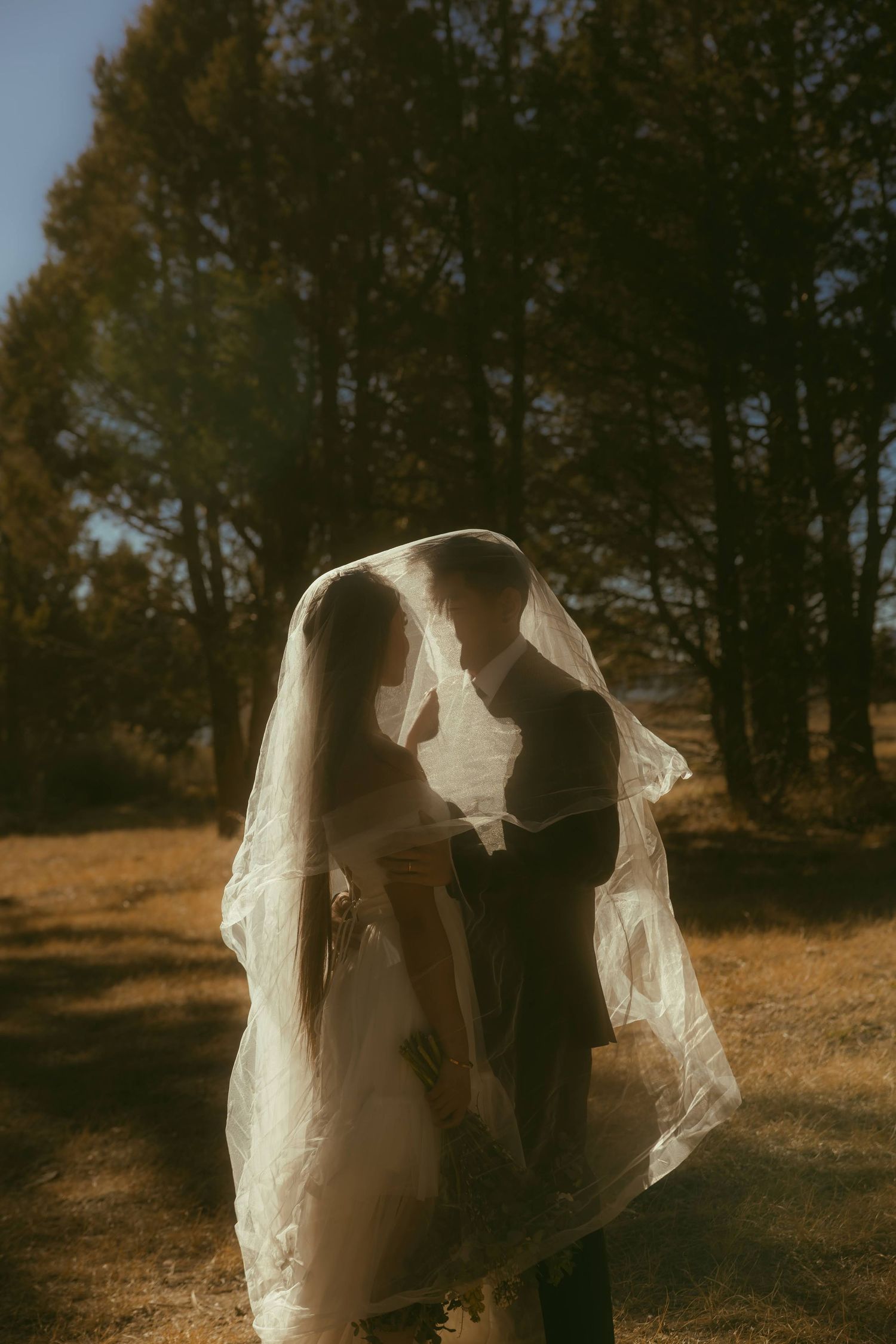 Bride and groom share intimate moment under flowing veil outdoors, surrounded by golden autumn trees in warm sunlight.