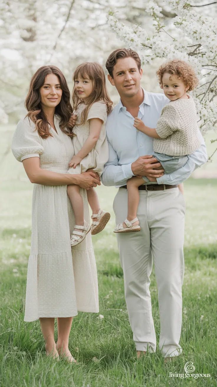 Family of four posing outdoors under blooming white cherry trees in neutral spring outfits.
