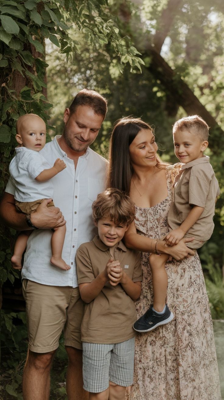 A family of five poses together in a sunny outdoor setting wearing coordinated neutral-toned outfits.