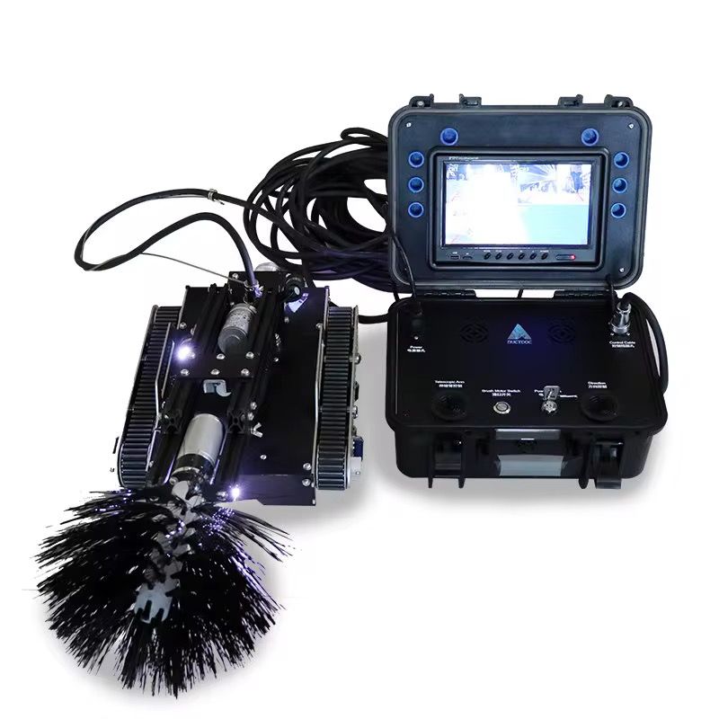 Robotic duct cleaning system with crawler, rotating brush, camera, and portable monitor control unit for HVAC inspection.