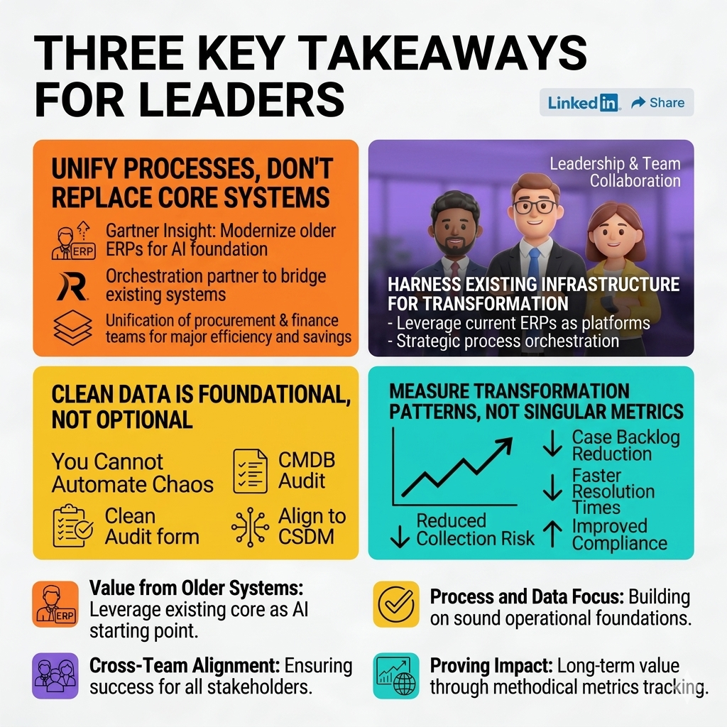 Infographic outlining three key leadership takeaways: unify processes, clean data, and harness existing infrastructure for transformation.