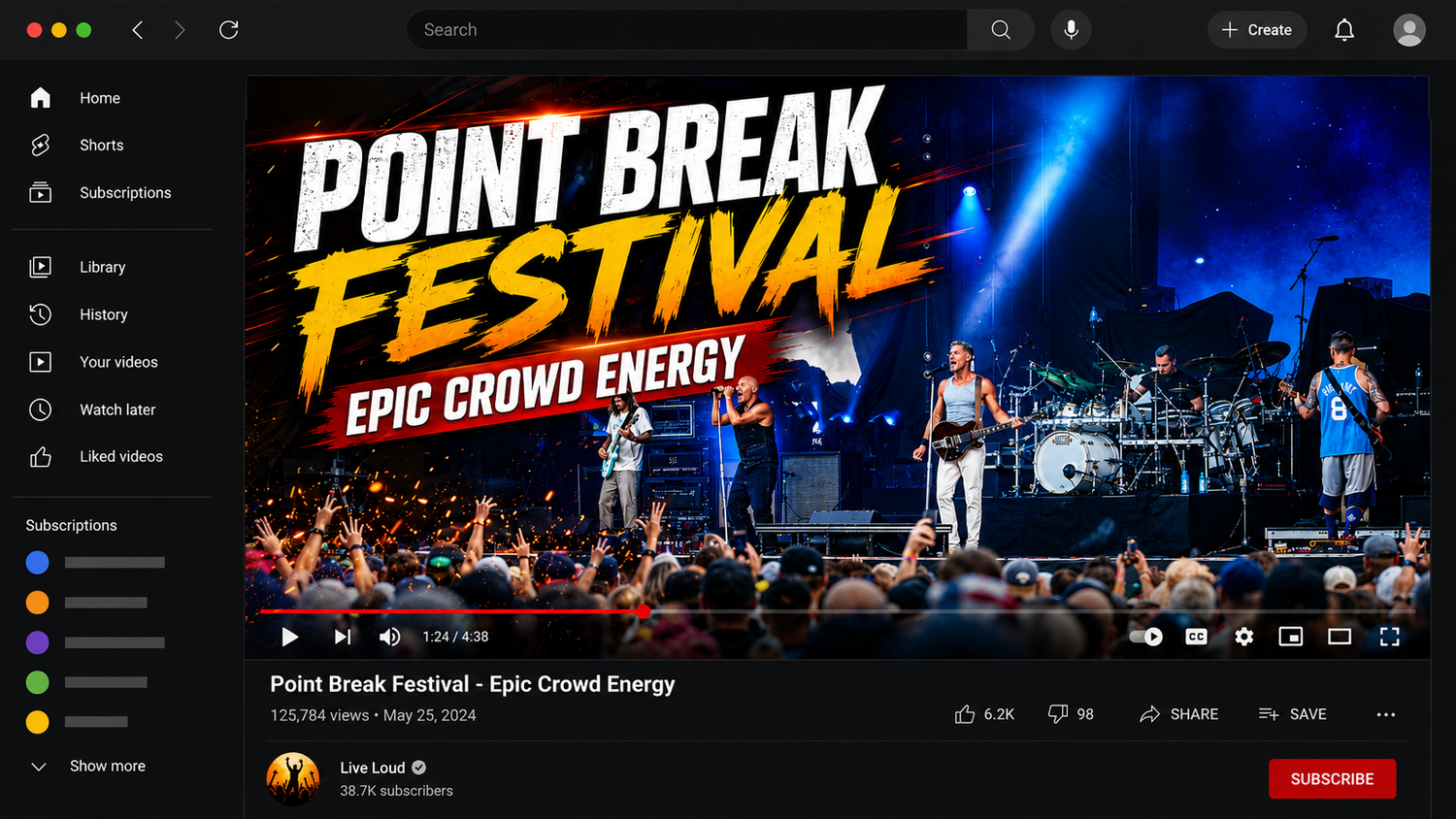 YouTube video thumbnail for Point Break Festival featuring live band performance and crowd energy.