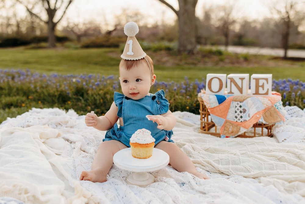 Baby in blue romper and party hat sits on blanket with cupcake and ONE blocks for first birthday cake smash photo.