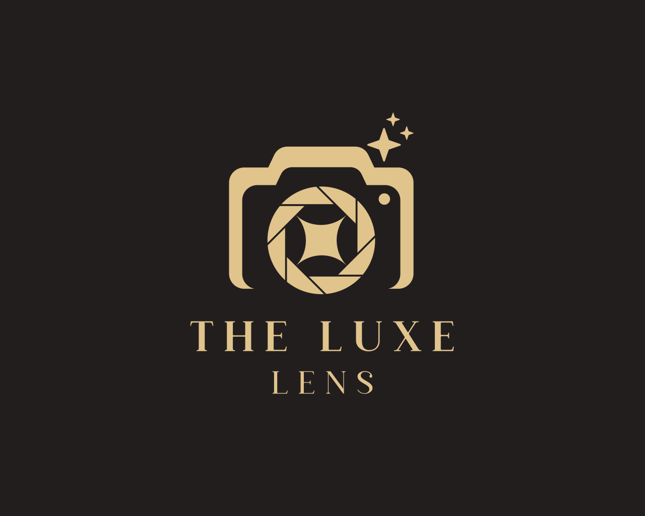 Gold luxury camera logo with shutter aperture design and sparkles for The Luxe Lens photography brand on dark background.