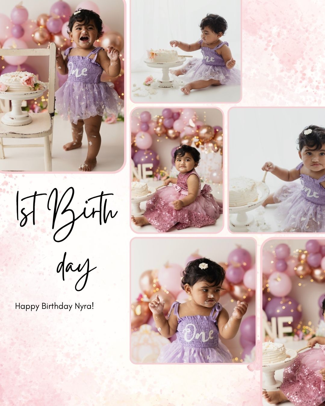A baby girl in a purple tutu dress celebrates her 1st birthday with cake smash photos and pink balloon decorations.