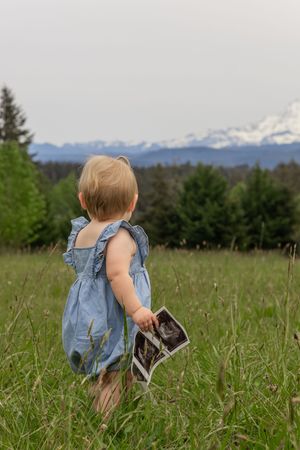 Toddler in denim romper holding ultrasound photos, standing in green meadow with snowy mount rainier in eatonville wa with yelm photographer