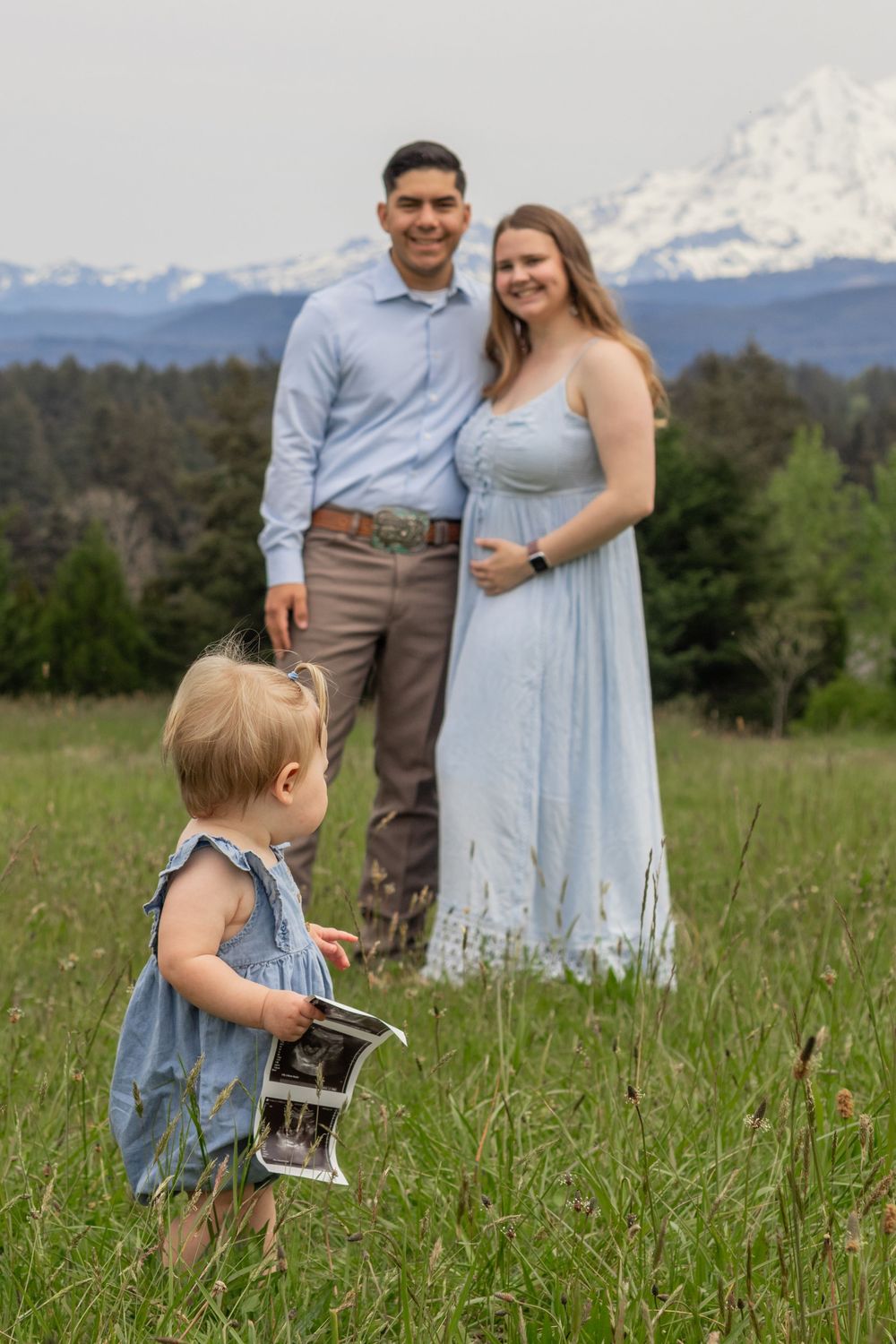 Family pregnancy announcement in a meadow, toddler holding ultrasound photos facing smiling parents with Mount Rainier behind.